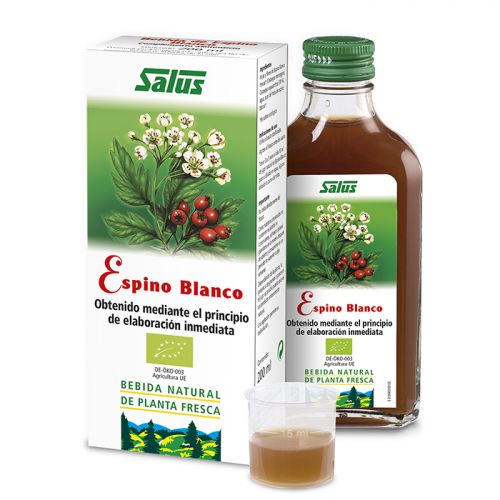 Espino Blanco Bio. Jugo de hoja y flor de espino blanco fresco de cultivo ecológico (<i>Crataegus monogyna, Crataegus oxyacantha</i>) (70%), agua, puré de fruto de espino blanco. Frasco de 200 mL. Complemento alimenticio.