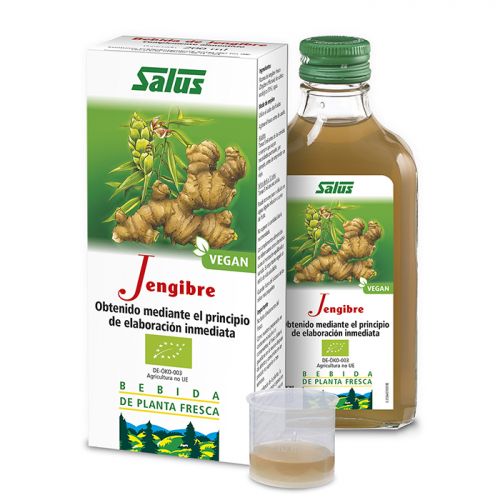 Jengibre Bio. Jugo de rizoma de jengibre fresco (<i>Zingiber officinale</i>) de cultivo ecológico (75%), agua. Frasco de 200 mL. Complemento alimenticio.