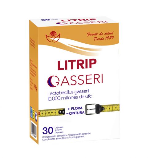 Litrip Gasseri. Cada cápsula aporta 335 mg de <i>Lactobacillus gasseri</i> (equivalente a 1.010 UFC/cápsula), agente de carga (celulosa microcristalina), antiaglomerante (estearato de magnesio), cápsula (gelatina vegetal). 30 cápsulas. Complemento alimenticio.