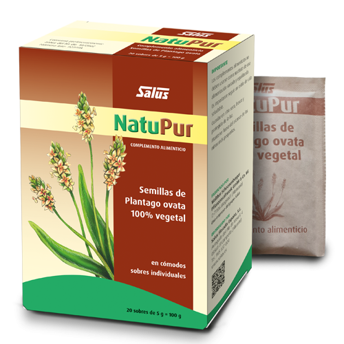 NatuPur. Cada sobre contiene 5 g de semillas de ispágula (<i>(Plantago ovata</i>). Caja con 20 sobres de 5 g. Complemento alimenticio. CN: 195731.3.