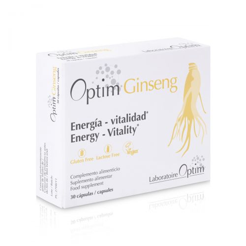 Optim Ginseng. Cada cápsula contiene 125 mg de polvo de raíz de ginseng rojo coreano (<i>Panax ginseng</i> C.A. Meyer) (HRG80) con un contenido superior al 12% de ginsenósidos. Agente de carga: goma de acacia de cultivo ecológico; revestimiento: cápsula (hidroxipropilmetilcelulosa). 30 cápsulas. Complemento alimenticio. CN: 205174.4.