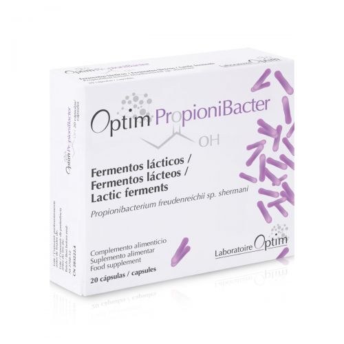 Optim Propionibacter. Cada cápsula contiene 10<sup>9</sup> UFC de <i>Propionibacterium freudenreichii</i>  sp. <i>shermanii</i>. 20 cápsulas. Complemento alimenticio. CN: 203222.4.