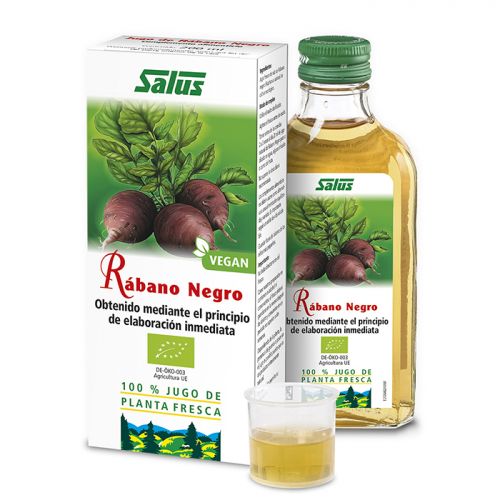 Rábano Negro Bio. Jugo fresco de raíz de rábano negro (<i>Raphanus sativus</i>) de cultivo ecológico certificado. Frasco de 200 mL. Complemento alimenticio.