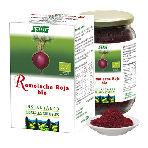 Remolacha Roja Bio. Cristales solubles de remolacha roja de origen ecológico, acidulante: ácido cítrico. Frasco de 200 g. Complemento alimenticio.