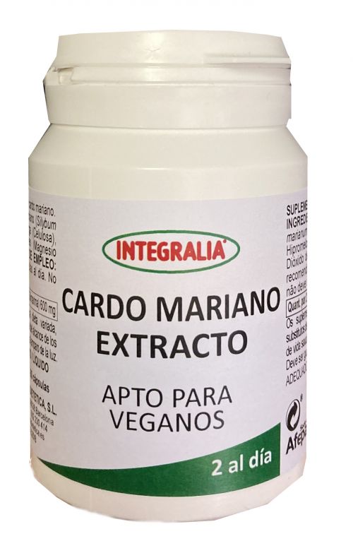 Cardo Mariano Extracto. 60 cápsulas. 2 cápsulas contienen 600 mg de extracto de semilla de cardo mariano (<i>Silybum marianum</i> L.), (80% silimarina). Complemento alimenticio. Apto para veganos.