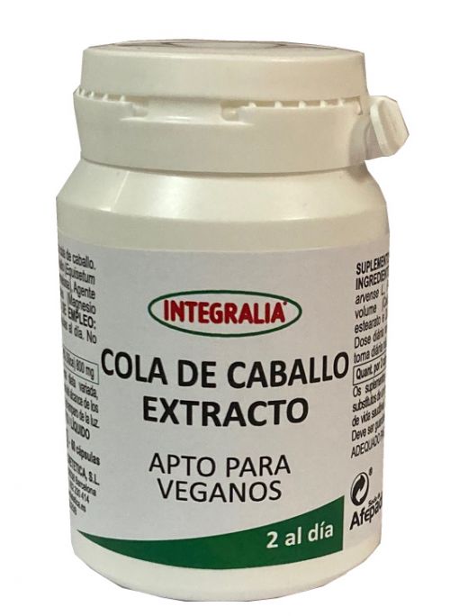 Cola de caballo Extracto. 60 cápsulas. 2 cápsulas contienen 800 mg extracto de de parte aérea de cola de caballo (<i>Equisetum arvense</i> L.), (10% sílice). Complemento alimenticio. Apto para veganos.