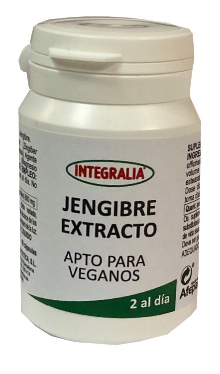 Jengibre Extracto. 60 cápsulas. 2 cápsulas contienen 800 mg de extracto de raíz de jengibre (<i>Zingiber officinale</i> Roscoe), (5% gingeroles). Complemento alimenticio. Apto para veganos.