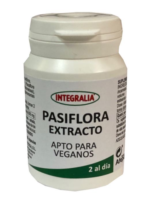Pasiflora Extracto. 60 cápsulas. 2 cápsulas contienen 800 mg de extracto de sumidad florida de pasiflora (<i>Passiflora incarnata</i> L., ), (4% vitexina). Complemento alimenticio. Apto para veganos.