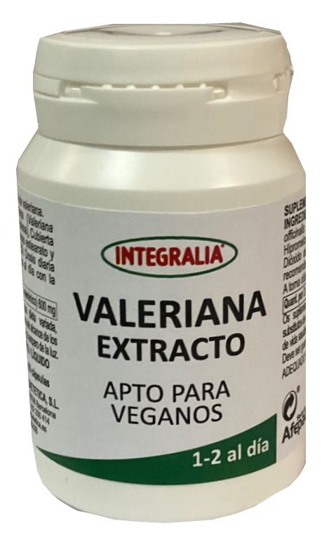Valeriana Extracto. 60 cápsulas. 2 cápsulas contienen 600 mg de extracto de raíz de valeriana (<i>Valeriana officinalis</i> L.), (0,6% ácido valerénico). Complemento alimenticio. Apto para veganos.