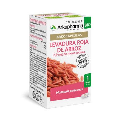 Arkocápsulas Levadura Roja de Arroz Bio. Cada cápsula contiene 54 mg de levadura roja de arroz (<i>Monascus purpureus</i> Went) que aportan 2,9 mg de monacolina K. Incrementador de volumen: Celulosa, almidón. Antiaglomerante: estearato de magnesio. Recubrimiento de origen vegetal: hidroxipropilmetilcelulosa. 45 cápsulas, CN: 165749.7. Complemento alimenticio.