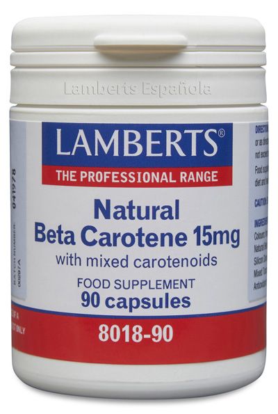 Beta Caroteno Natural 15 mg. Envase con 90 cápsulas. Cada cápsula contiene 15 mg de una mezcla de carotenoides (procedentes del alga <i>Dunaliella salina</i>), Aportando: 14,2 mg de betacaroteno, 75 μg de luteína, 75 μg de zeaxantina y 2435 μg de equivalente de vitamina A. Complemento alimenticio.