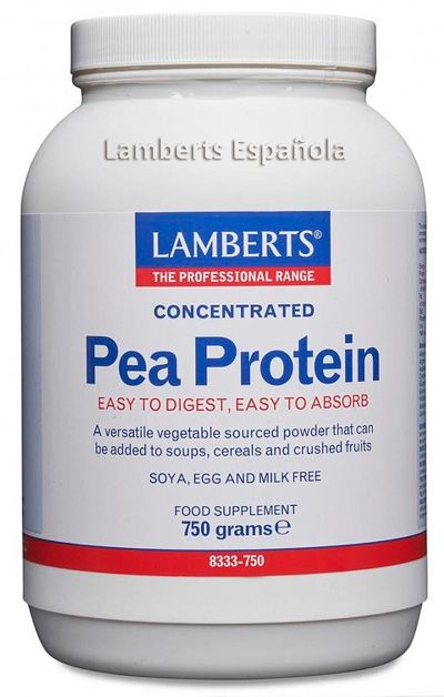 Proteína de guisante. Envase con 750 g polvo de proteína de guisante, rica de aminoácidos de cadena ramificada (leucina, isoleucina y valina) y arginina. Complemento alimenticio. 