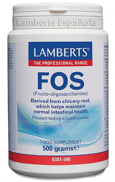 FOS – Fructo-oligosacáridos en Polvo. Envase de 500 g. Aporta un 9,5% de fructo-oligosacáridos procedentes de la raíz de achicoria.
