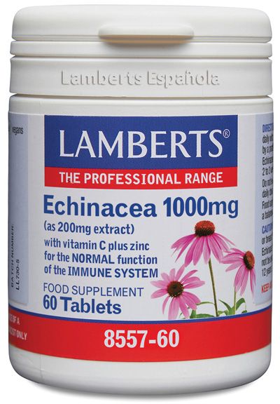 Equinácea 1.000 mg. Envase con 60 tabletas. Cada tableta aporta 1000 mg de Equinácea Purpúrea (como 200 mg de un extracto 5:1), 40 mg de vitamina C y 2,5 mg de zinc. Complemento alimenticio. 
