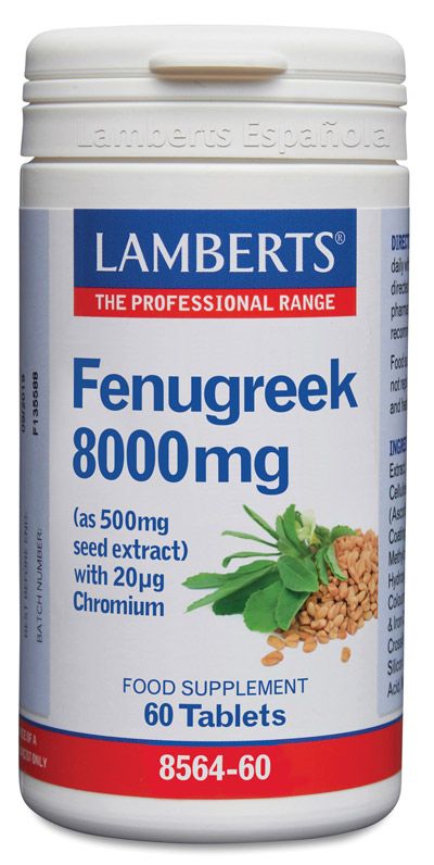 Fenogreco 8.000 mg. 60 comprimidos. Cada comprimido aporta 500 mg de extracto 16:1 de semillas de fenogreco, conteniendo 250 mg de saponinas y 20 mcg de cromo (como picolinato). Complemento alimenticio.