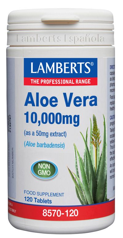 Aloe Vera 10.000 mg. Envases con 90 y con 120 tabletas. Cada tableta aporta 50 mg de extracto 200:1 de Aloe Vera, equivalente a 10.000 mg de zumo de áloe vera fresco. Complemento alimenticio.