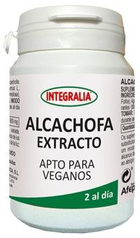Alcachofa Extracto Integralia. 60 cápsulas. 2 cápsulas contienen: 600 mg de extracto de hoja de alcachofera (<i>Cynara scolymus</i> L.), 5% de cinarina. Complemento alimenticio. Apto para veganos.