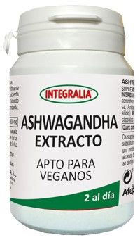 Ashwaganda Extracto Integralia. 60 cápsulas. 2 cápsulas contienen: 600 mg de extracto seco (10:1) de raíz de ashwagandha (<i>Withania somnifera</i> L.), 2,5% de withanólidos. Complemento alimenticio. Apto para veganos.