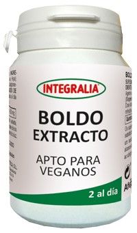 Boldo Extracto Integralia. 60 cápsulas. 2 cápsulas contienen: 600 mg de extracto seco (3:1) de hoja de boldo (<i>Peumus boldus</i> Molina), 0,05% de boldina. Complemento alimenticio. Apto para veganos.