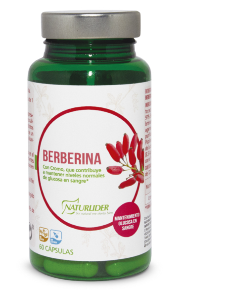 Berberina y Cromo Naturlíder. 60 cápsulas vegetales. Cada cápsula contiene 1500 mg de extracto seco de raíz de <i>Berberis vulgaris</i> y150 mcg de picolinato de cromo. Complemento alimenticio.