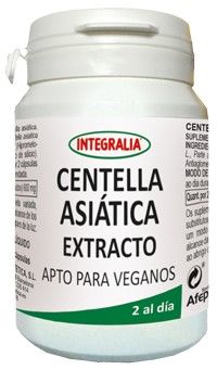 Centella Asiática Extracto Integralia. 60 cápsulas. 2 cápsulas contienen: 600 mg de extracto secvo (4:1) de parte aérea de centella asiática (<i>Centella asiática</i> L.), 3% de asiaticósidos. Complemento alimenticio. Apto para veganos.