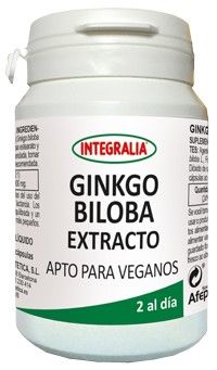 Ginkgo Biloba Extracto Integralia. 60 cápsulas. 2 cápsulas contienen: 300 mg de extracto seco (50:1) de hoja de ginkgo (<i>Ginkgo biloba</i> L.), 24% de heterósidos flavónicos, 6% de lactonas sesquiterpénicas). Complemento alimenticio. Apto para veganos.