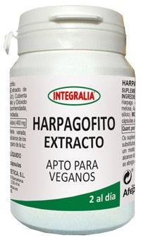 Harpagofito Extracto Integralia. 60 cápsulas. 2 cápsulas contienen: 400 mg de extracto seco (10:1) de raíz de harpagofito (<i>Harpagophytum procumbens</i> DC.), 5% de harpagósidos. Complemento alimenticio. Apto para veganos.