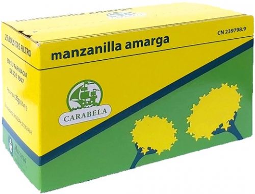 Manzanilla Amarga Carabela. Cabezuelas de manzanilla amarga (<i>Santolina chamaecyparissus</i>). Caja de 25 bolsas-filtro para infusión. CN: 362442.8. Caja de 25 bolsas-filtro para infusión, CN: 239798.9. 