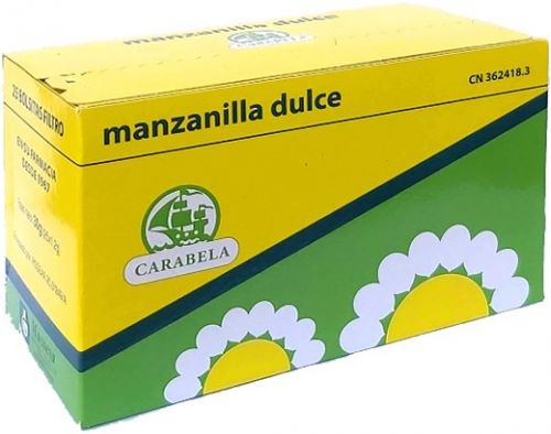 Manzanilla Dulce Carabela. Cabezuelas de manzanilla dulce (<i>Matricaria recutita</i>). Caja de 15 bolsas-filtro para infusión, CN: 362426.8. Caja de 25 bolsas-filtro para infusión, CN: 362418.3.