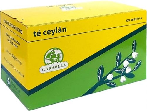 Té Ceylán Carabela. Hojas de <i>Thea sinensis</i>. Caja de 25 bolsas-filtro para infusión. CN: 362376.6. 