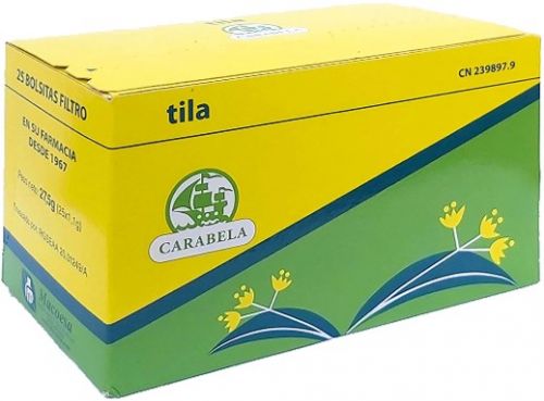 Tila Carabela. Inflorescencias de <i>Tilia platyphyllos</i>. Caja de 15 bolsas-filtro para infusión, CN: 362350.6. Caja de 25 bolsas-filtro para infusión, CN: 239897.9. 