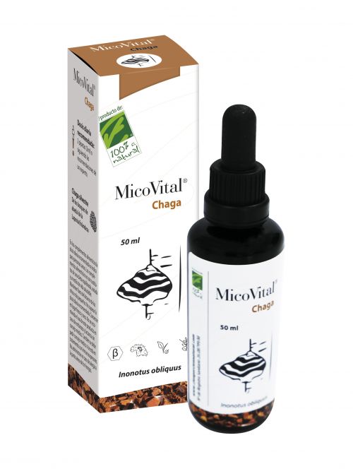 MicoVital Chaga extracto líquido. Frasco con 50 mL. Extracto de cabezas estériles de chaga (<i>Inonotus obliquus</i>) de cultivo ecológico, obtenido con tecnología asistida por ultrasonidos con agua caliente y etanol 22%. Complemento alimenticio. CN: solicitado.