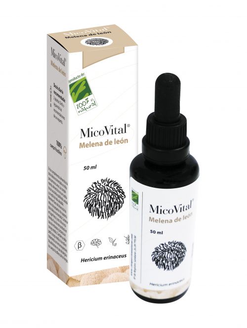 MicoVital Melena de león. Extracto Líquido. Frasco con 50 mL. Extracto de cuerpo fructífero de melena de león (<i>Hericium erinaceus</i>) de cultivo ecológico, obtenido con tecnología asistida por ultrasonidos con agua caliente y etanol 22%. Complemento alimenticio. CN: solicitado.