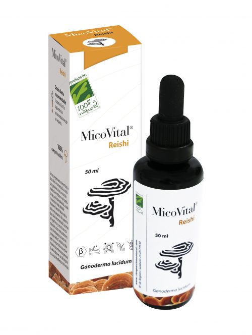 MicoVital Reishi Extracto Líquido. Frasco con 50 mL. Extracto de cuerpo fructífero de reishi (<i>Ganoderma lucidum</i>) de cultivo ecológico, obtenido con tecnología asistida por ultrasonidos con agua caliente y etanol 22%. Complemento alimenticio. CN: solicitado.