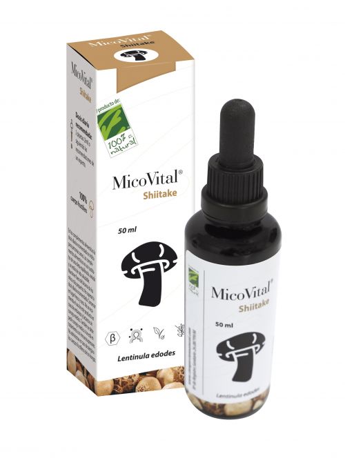 MicoVital Shiitake Extracto Líquido. Frasco con 50 mL. Extracto de cuerpo fructífero de Shiitake (<i>Lentinula edodes</i>) de cultivo ecológico, obtenido con tecnología asistida por ultrasonidos con agua caliente y etanol 22%. Complemento alimenticio. CN: solicitado.