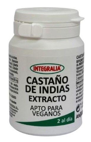 Castaño de Indias Extracto. 60 cápsulas. 2 cápsulas contienen 600 mg de extracto seco (7:1) de demilla de castaño de Indias (<i>Aesculus hippocastanum</i> L.), 20% de escina. Complemento alimenticio. Apto para veganos.