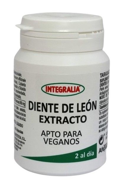 Diente de León Extracto. 60 cápsulas. 2 cápsulas contienen 600 mg de extracto seco (10:1) de parte aérea de diente de león (<i>Taraxacum officinale</i> Weber), 3% de flavonas. Complemento alimenticio. Apto para veganos.