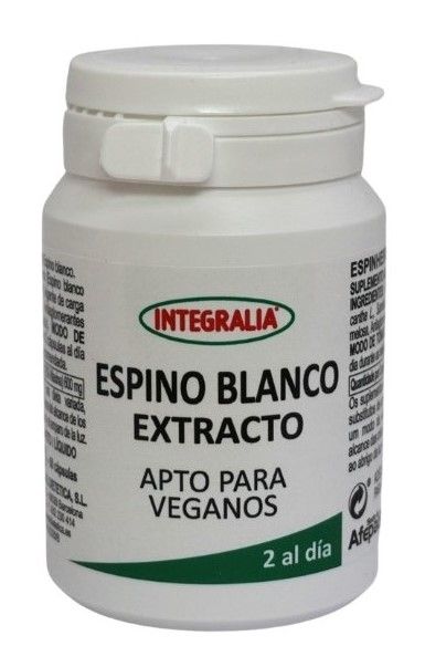 Espino Blanco Extracto. 60 cápsulas. 2 cápsulas contienen 600 mg de extracto seco (25:1) de sumidad florida de espino blanco (<i>Crataegus monogyna</i> Jacq, o <i>Crataegus oxyacantha</i> L.), 2% de vitexina. Complemento alimenticio. Apto para veganos.