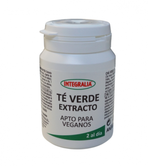 Té Verde  Extracto Cápsulas. 2 cápsulas contienen 800 mg de extracto (25:1) de hoja de té verde (<i>Camelia sinensis</i> L.), 50% polifenoles, 7% cafeína,15% EGCG. Complemento alimenticio. Apto para veganos. 