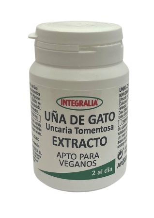 Uña de Gato Extracto Cápsulas. 2 cápsulas contienen 600 mg de extracto (4:1) de corteza de uña de gato (<i>Uncaria tomentosa DC.). 60 cápsulas. Complemento alimenticio. Apto para veganos.