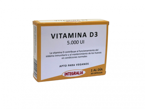 Vitamina D3 5000 UI. Cada cápsula contiene 125 mcg de extracto de líquen rico en vitamina D<sub>3</sub> (5000 UI, 2500% VRN). Complemento alimenticio, Apto para veganos. 