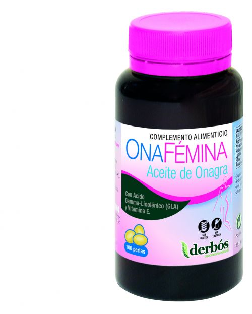 OnaFémina Perlas. Aceite de onagra de primera presión en frio 10% (GLA 500 mg), Vitamina E. Envases con 100, 200 y 450 perlas de 700,19 mg. Complemento alimenticio.