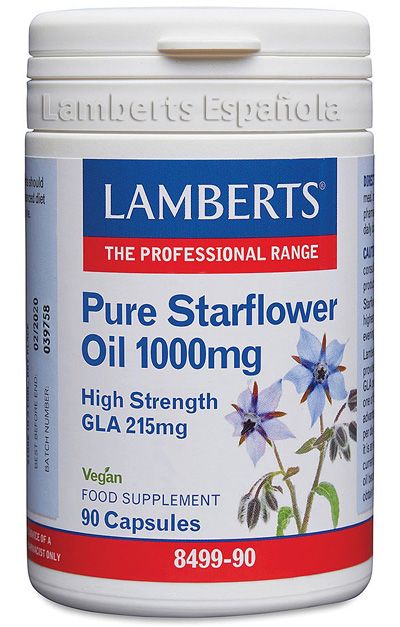 Aceite de Borraja Puro 1.000 mg. Envase con 90 cápsulas. Cada cápsula proporciona 1.000 mg de aceite de borraja, aportando 220 mg de ácido gamma-linolénico (GLA). Complemento alimenticio.