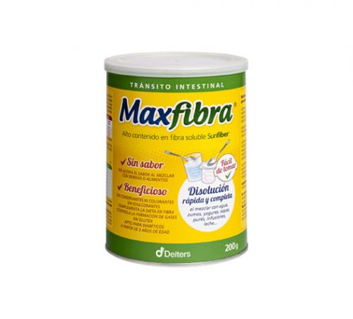 Maxfibra 100 g / 200 g. Un cacillo contiene 3,2 mg de Sunfiber<sup>®</sup> (goma guar parcialmente hidrolizada en polvo). Bote con 100 g de polvo, CN: 182133.1. 200 g, CN: 172696.4. Caja 30 sobres, CN: 202780.0. Complemento alimenticio.