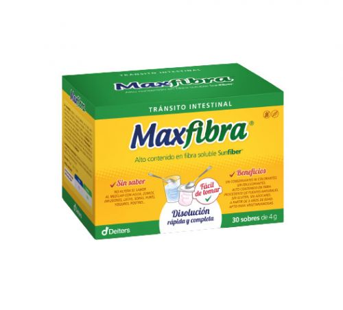 Maxfibra sobres. Un sobre contiene 4 mg de Sunfiber<sup>®</sup> (goma guar parcialmente hidrolizada en polvo). Caja 30 sobres, CN: 202780.0. Complemento alimenticio.