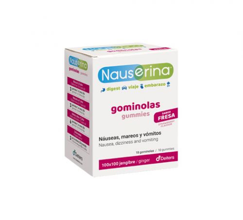 Nauserina gominolas. Cada comprimido contiene 16 mg de extracto seco de rizoma de jengibre (<i>Zingiber officinale</i> Roscoe), estandarizado al 10% de gingeroles. Envases con 18 gominolas, CN: 194213.5. Complemento alimenticio.