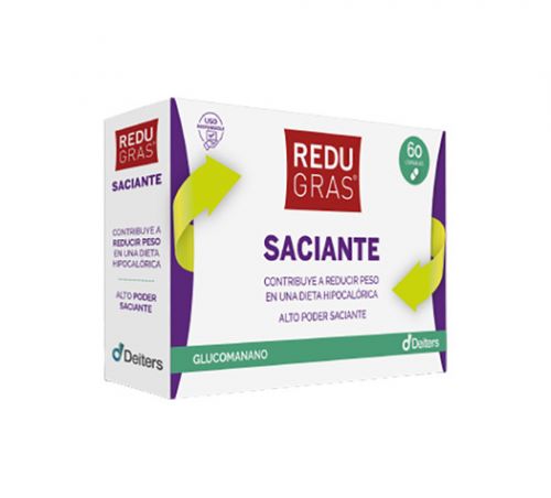 Redugras Saciante. Cada cápsula de Redugras Saciante contiene 500 mg de glucomanano (polvo de la raíz de <i>Amorphophallus konjac</i> K. Koch). Caja con 60 cápsulas en blister. CN: 163853.3. Complemento alimenticio.