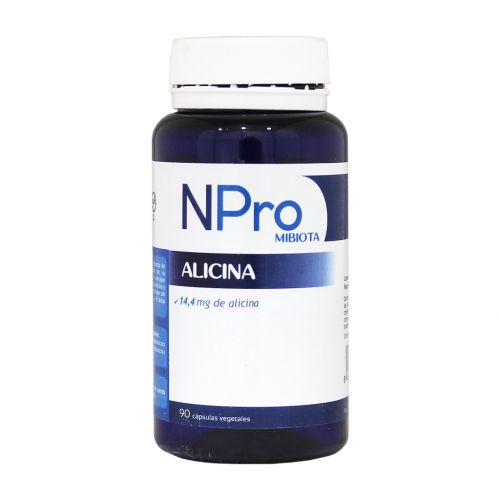 NPro Alicina. Cada cápsula contiene 720 mg de extracto de bulbo de ajo en polvo, conteniendo 31 mg de aliina y un rendimiento en alicina de 14,4 mg. 90 cápsulas. Complemento alimenticio.