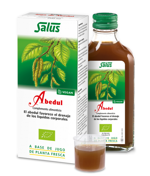 Abedul Salus. Agua, jugo de hoja fresca de abedul (<i>Betula pendula</i> Roth.) de cultivo ecológico (30%). Frasco de 200 mL. Complemento alimenticio.