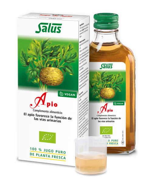 Apio Salus. 100% jugo de raíz y parte aérea de apio fresco (<i>Apium graveolens</i>) de cultivo ecológico. Frasco de 200 mL. Complemento alimenticio.